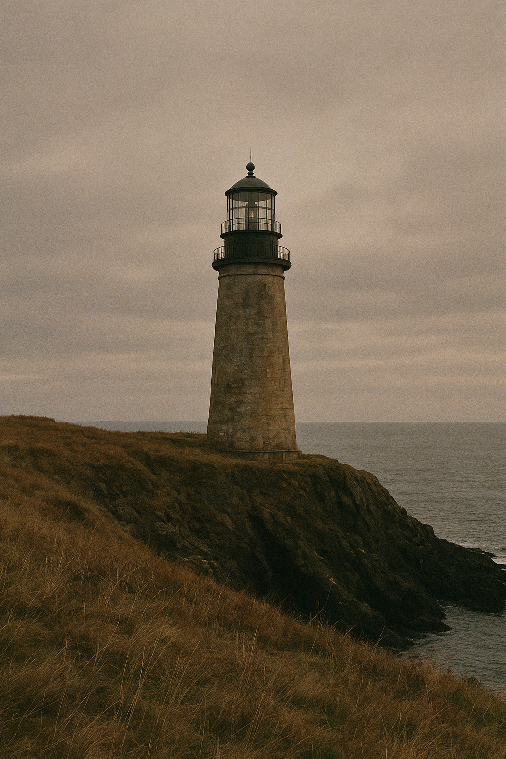Archival-style photograph of a stone lighthouse on a windswept northern cliff under muted evening light