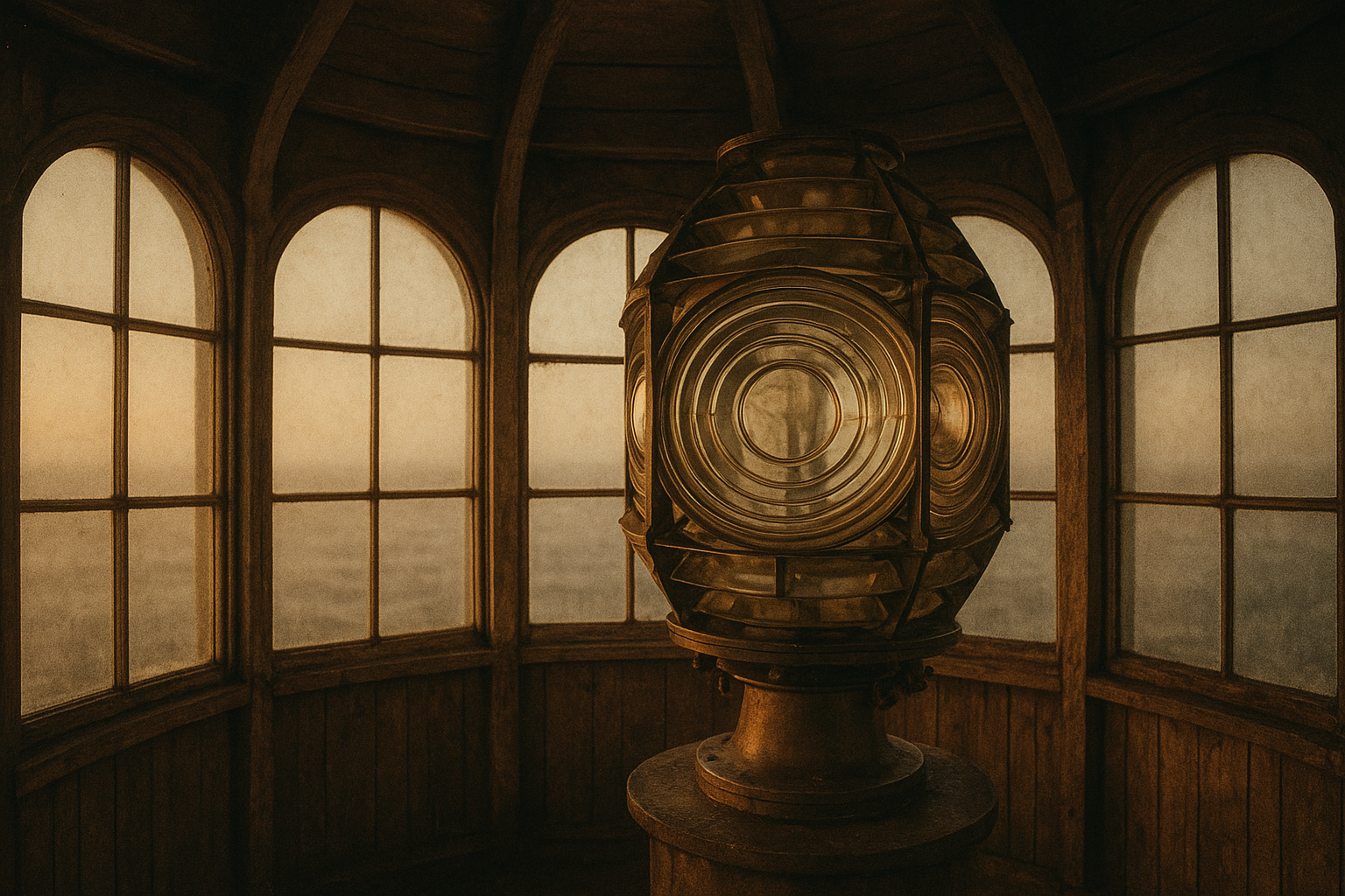 Archival interior view of a northern coast lighthouse lantern room with brass lens details and weathered timber framing