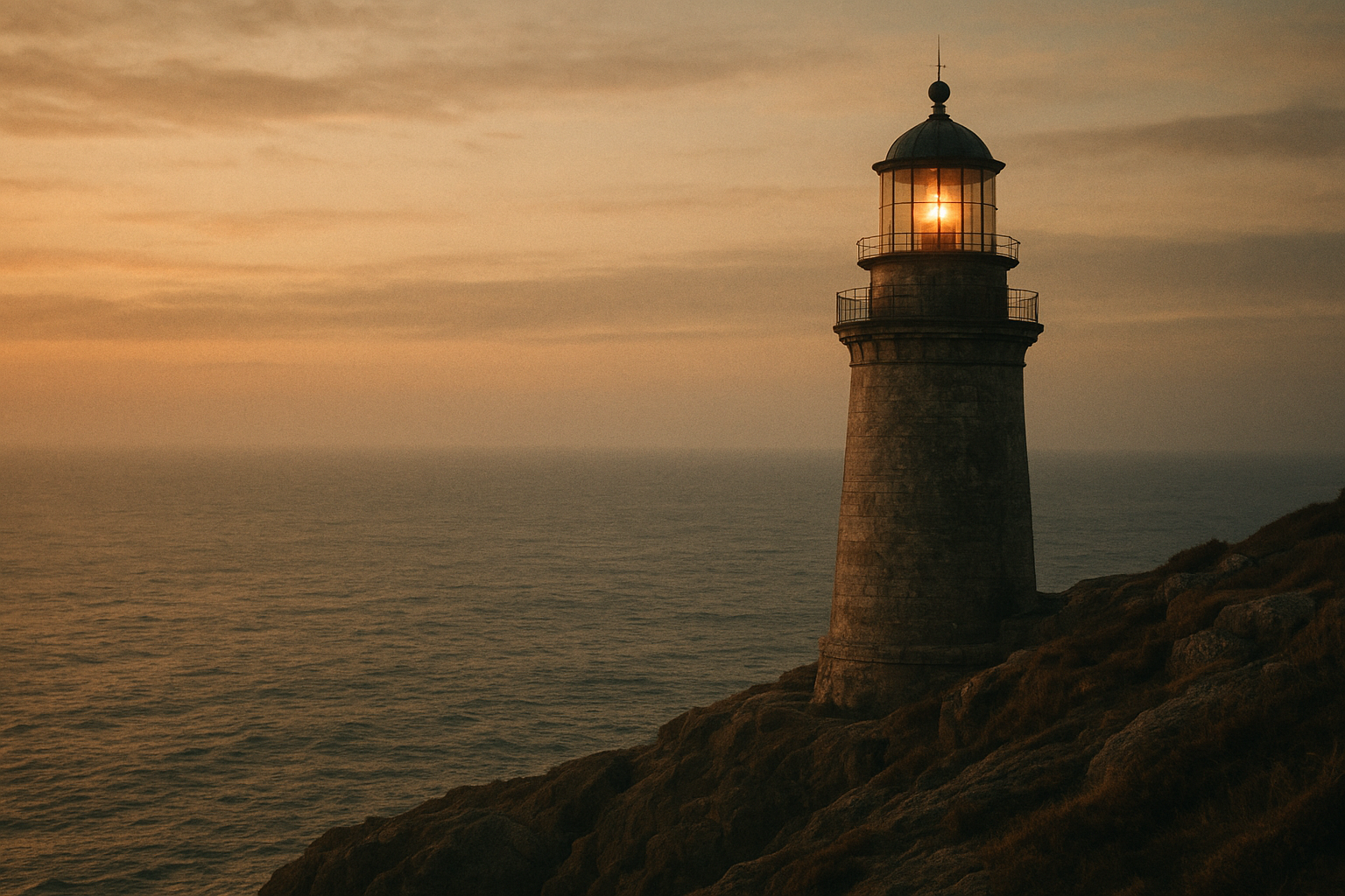Cinematic view of a preserved stone lighthouse on the northern coast at dusk, with warm sky tones, sea mist, and rugged shoreline