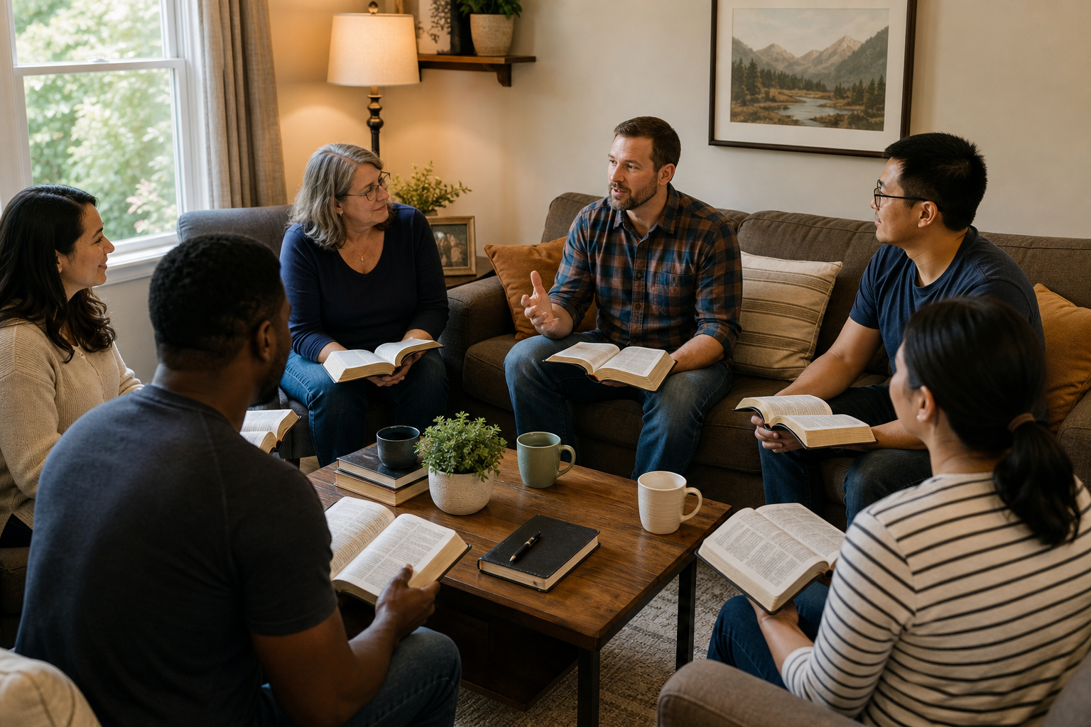Small home Bible study gathering in natural light with open Bibles and people praying together