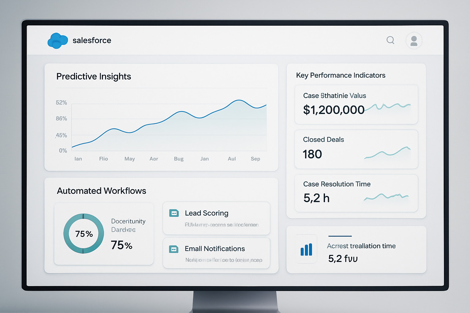Modern Salesforce analytics dashboard showing predictive insights, automated workflow tiles, and data visualizations