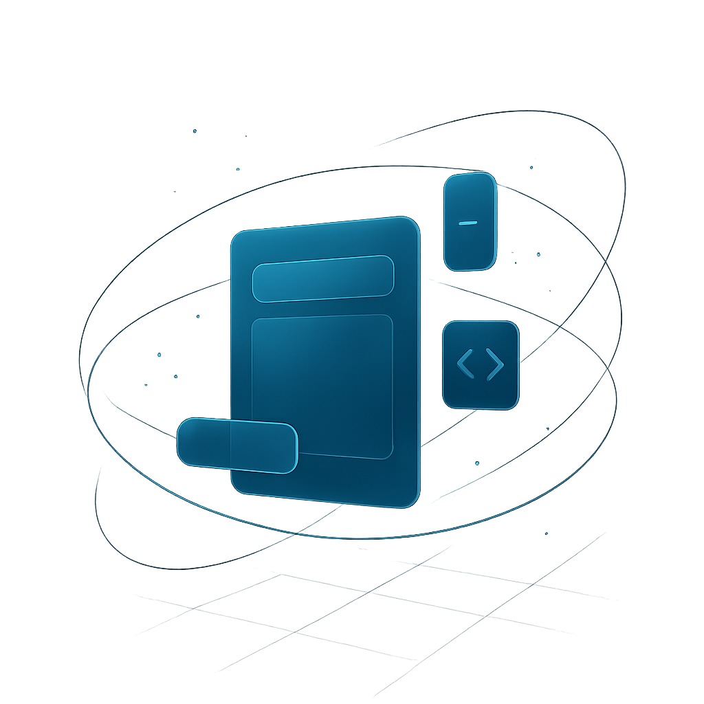 Abstract glowing cyan and violet orbital linework circling floating translucent interface panels on a dark background