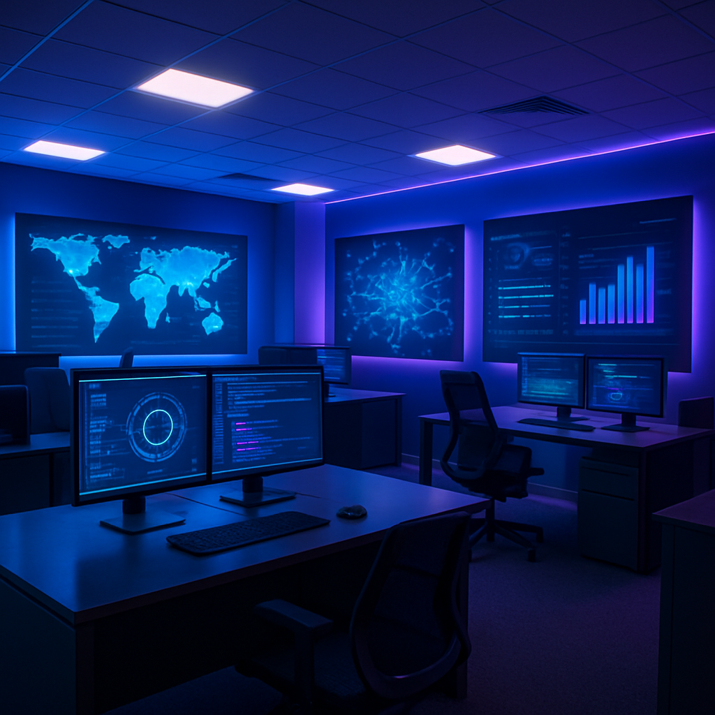 Ambiente tecnológico e inovador com computadores e painéis digitais