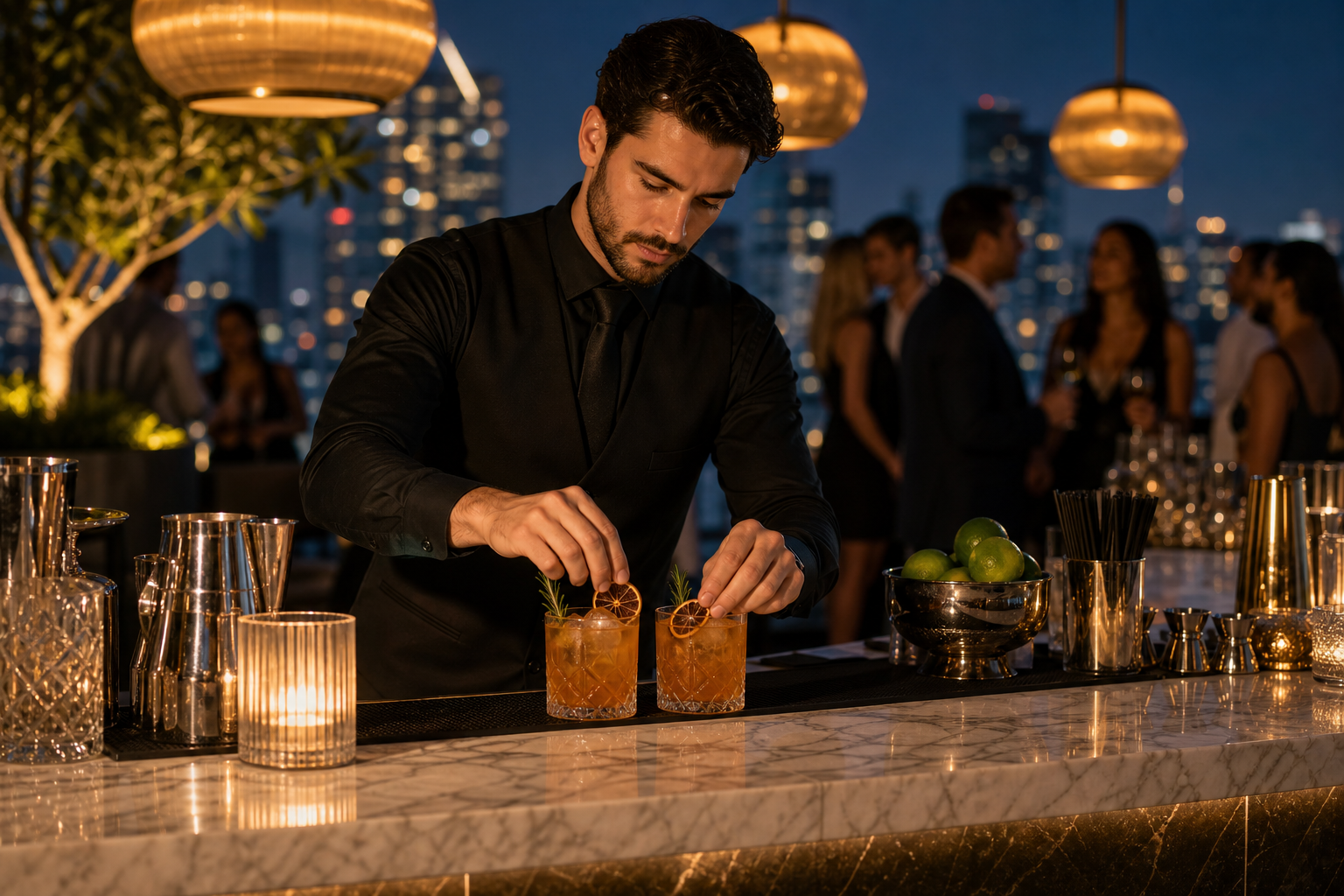 Luxury cocktail service at a rooftop event with a polished bartender garnishing signature drinks under warm pendant lighting