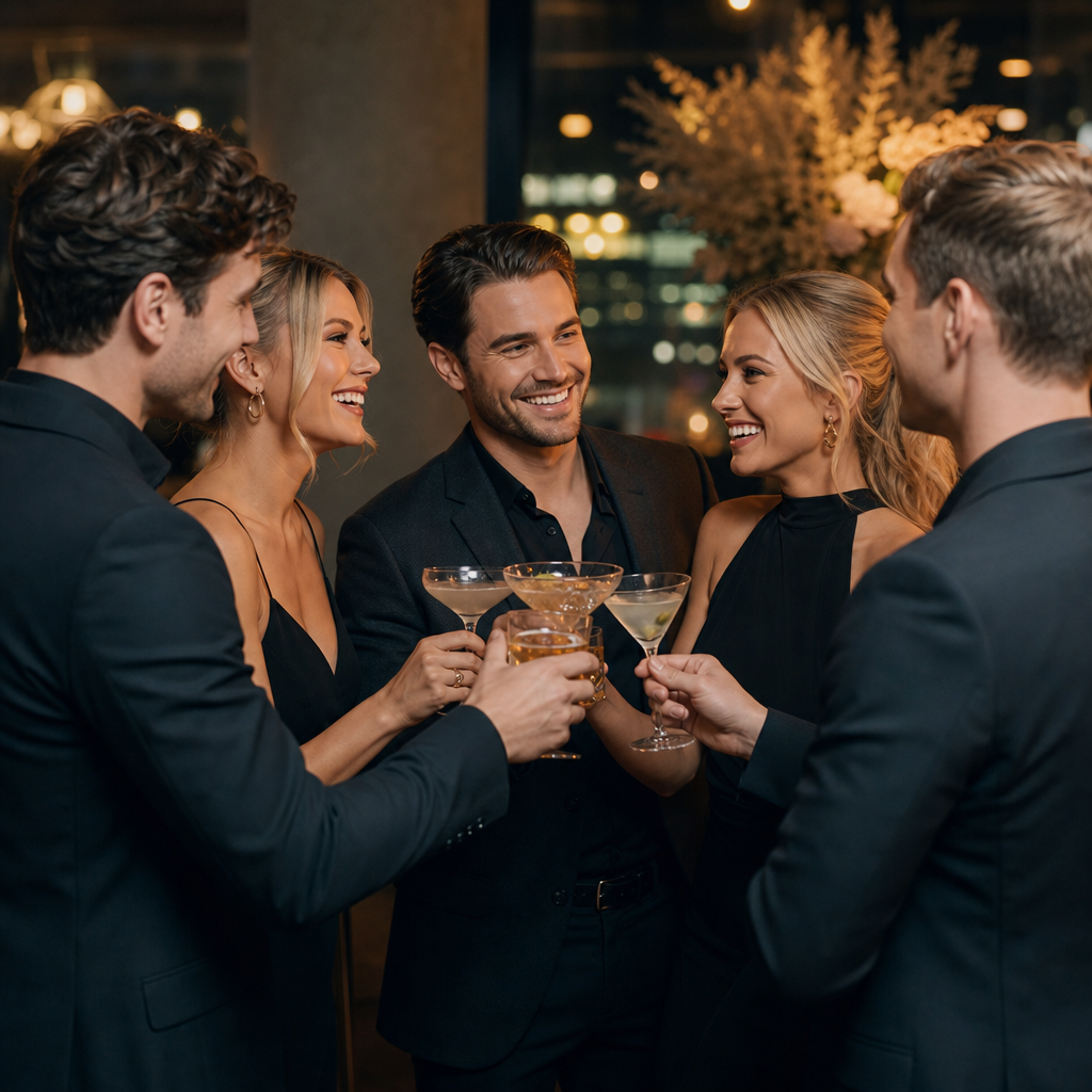 Guests celebrating with raised glasses and joyful expressions at a night event, with dynamic ambient lighting and confetti accents