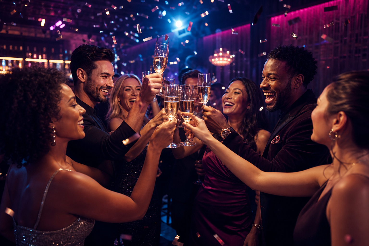 Guests celebrating with raised glasses and joyful expressions at a night event, with dynamic ambient lighting and confetti accents