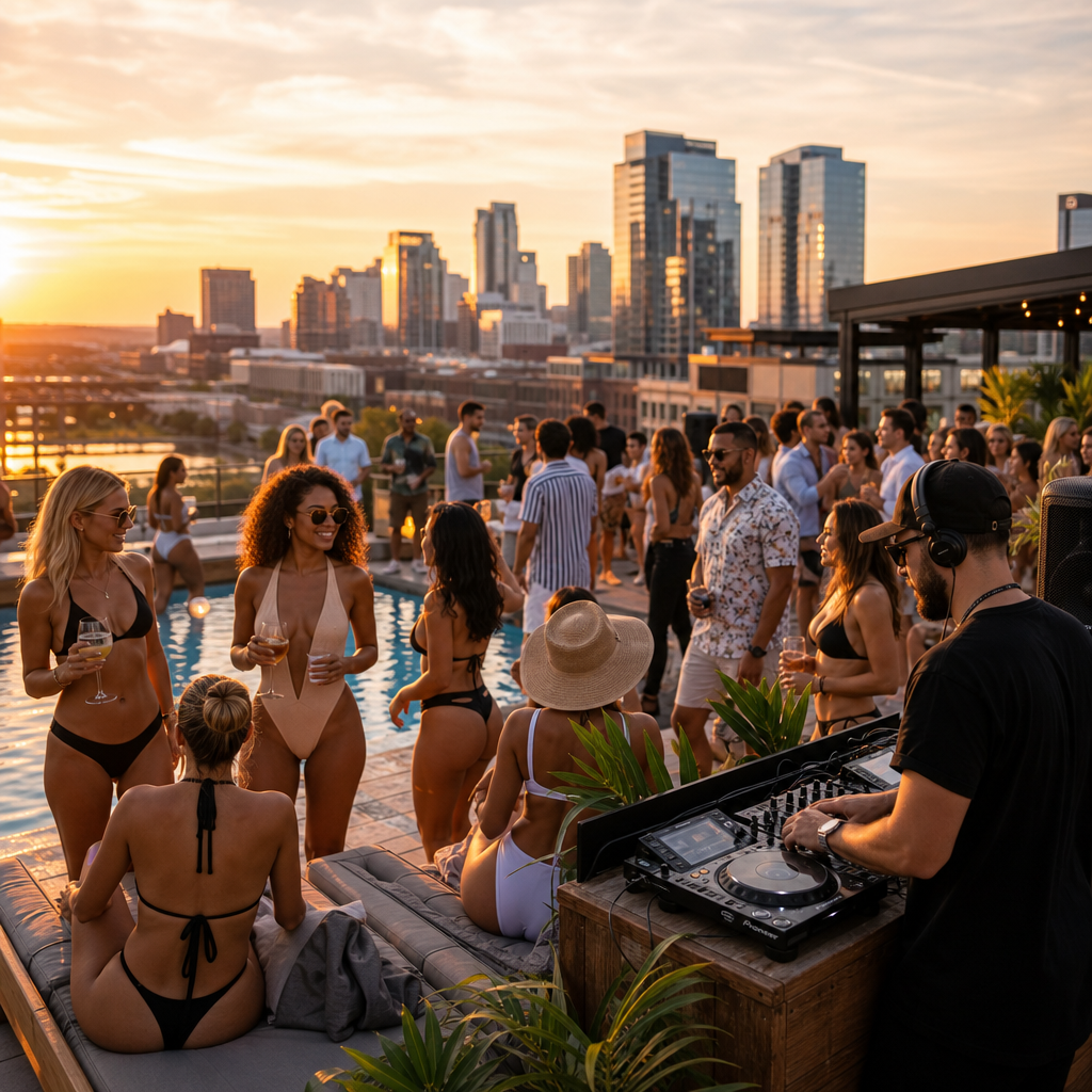 Upscale outdoor evening party with stylish guests celebrating and dancing near a dj booth under warm ambient lighting, refined social energy, and premium nightlife atmosphere