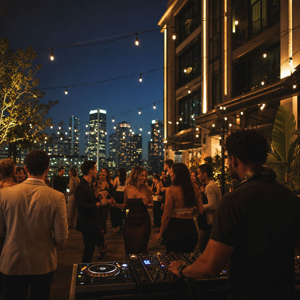 Upscale outdoor evening party with stylish guests celebrating and dancing near a dj booth under warm ambient lighting, refined social energy, and premium nightlife atmosphere