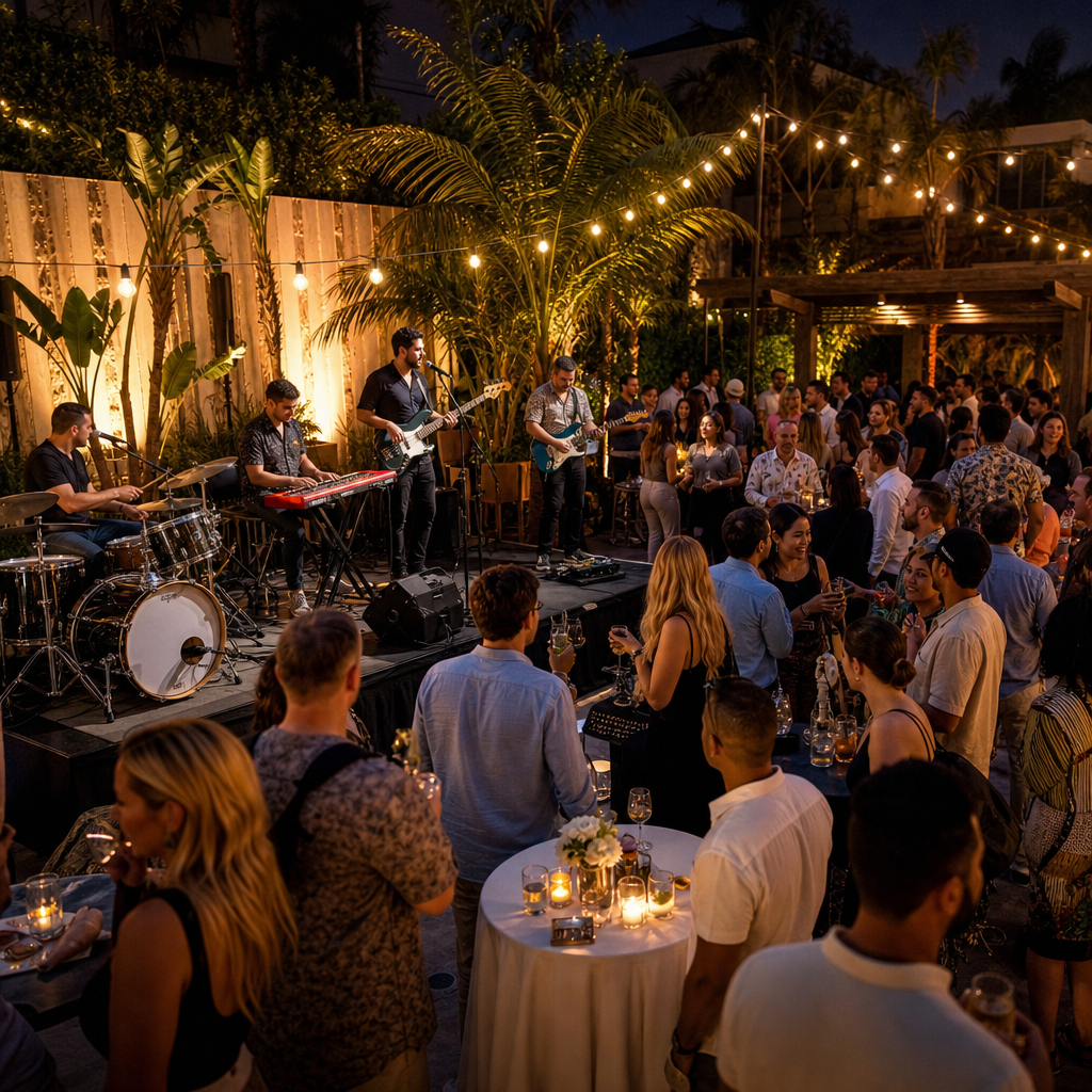 Live saxophone and vocalist duo performing in an upscale lounge setting with moody stage lighting and attentive guests
