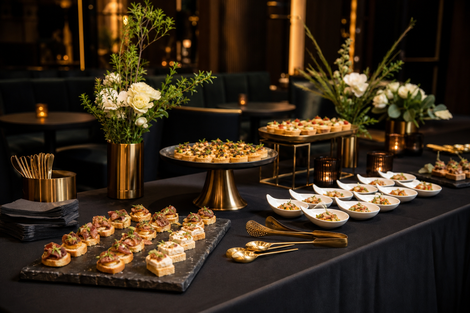 Stylish catered display with plated small bites, stone serving boards, and modern floral accents on a dark linen table
