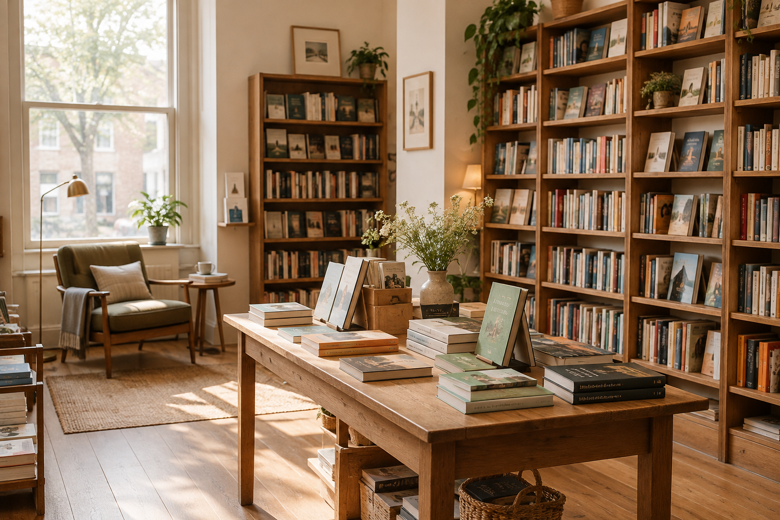 Softly lit independent bookshop interior with wooden shelves, display tables, and a quiet reading corner