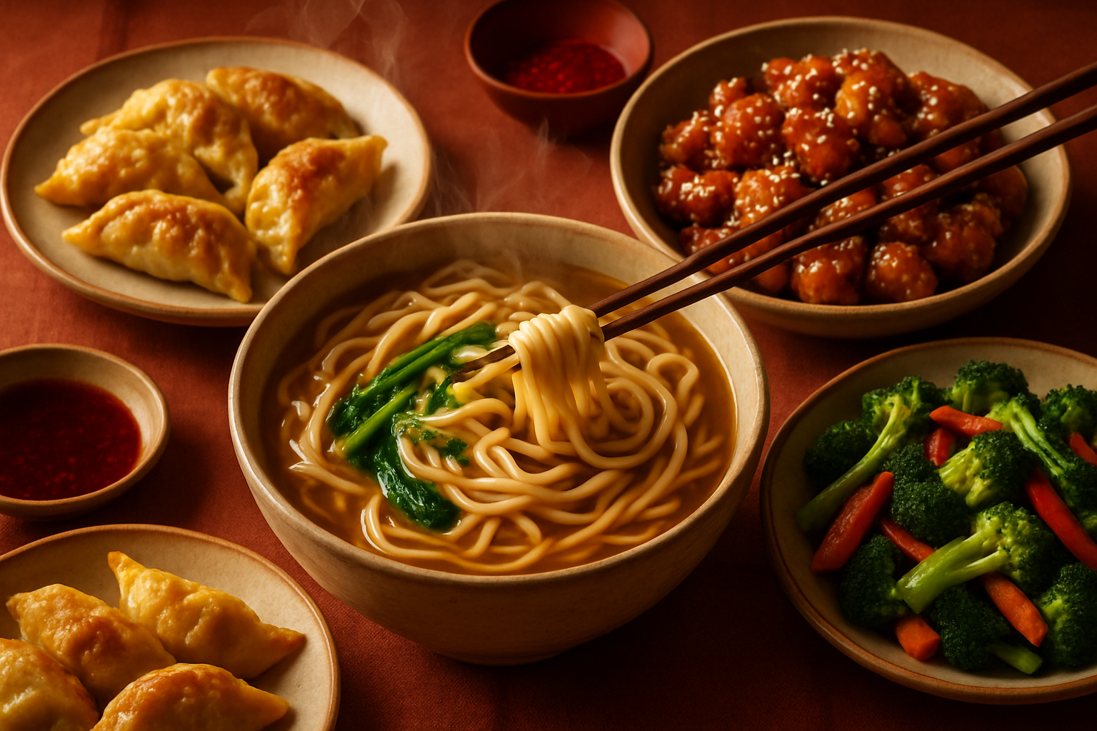 Assorted Chinese dishes with steaming noodles, dumplings, and vibrant stir-fry