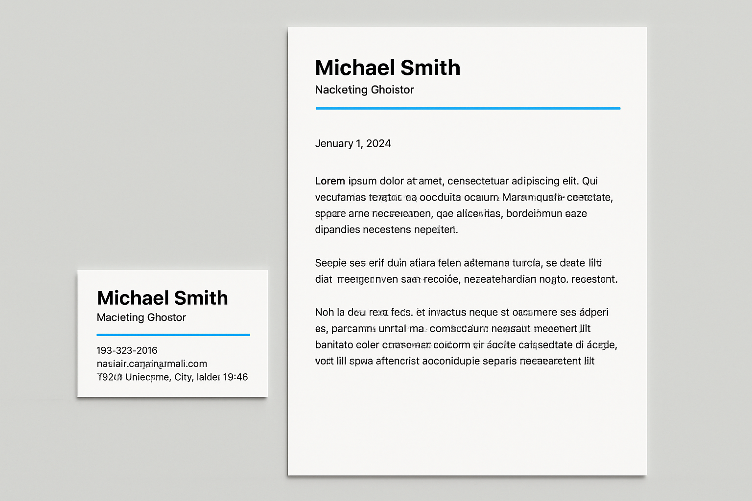 Clean, modern business card and letterhead set with stark white background, pure black text, and an electric cyan accent element. No logos.