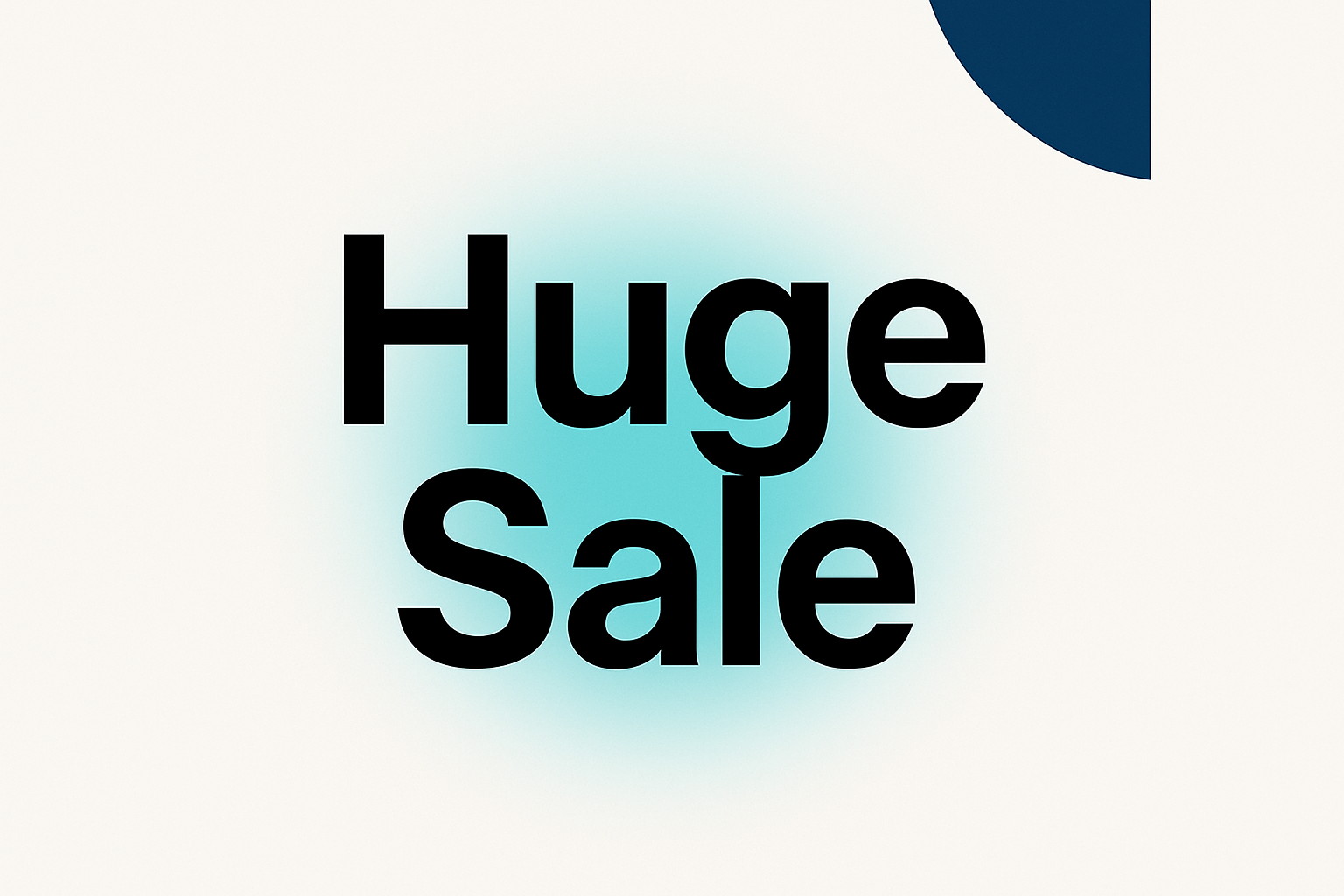 Minimal social ad mockup: large black text, clean layout, cyan blur behind text, navy blue shape in corner, no logos.