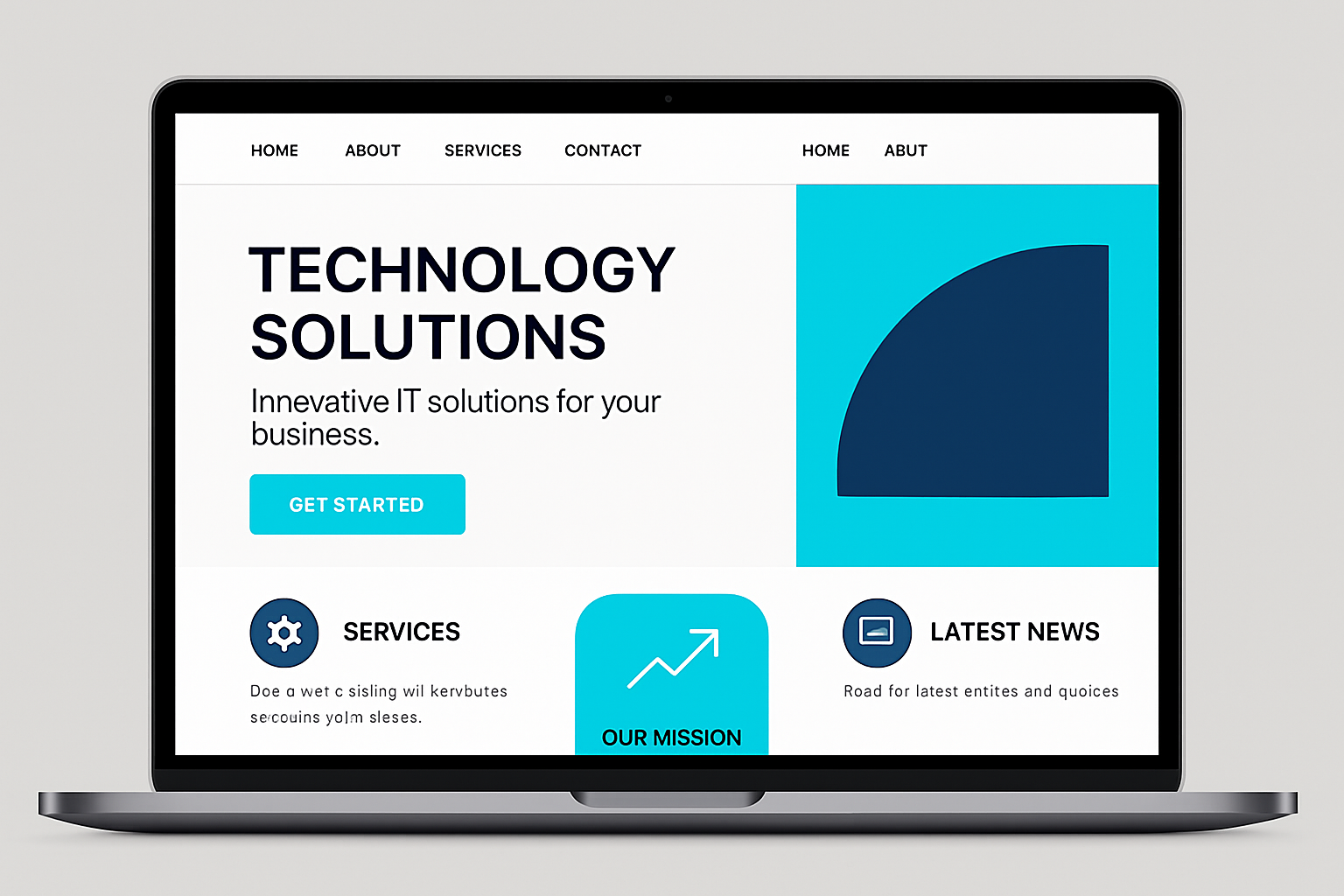 Modern, clean website mockup for a tech client, shown on a laptop screen with bold UI elements and white, cyan, and navy accents. No branding.