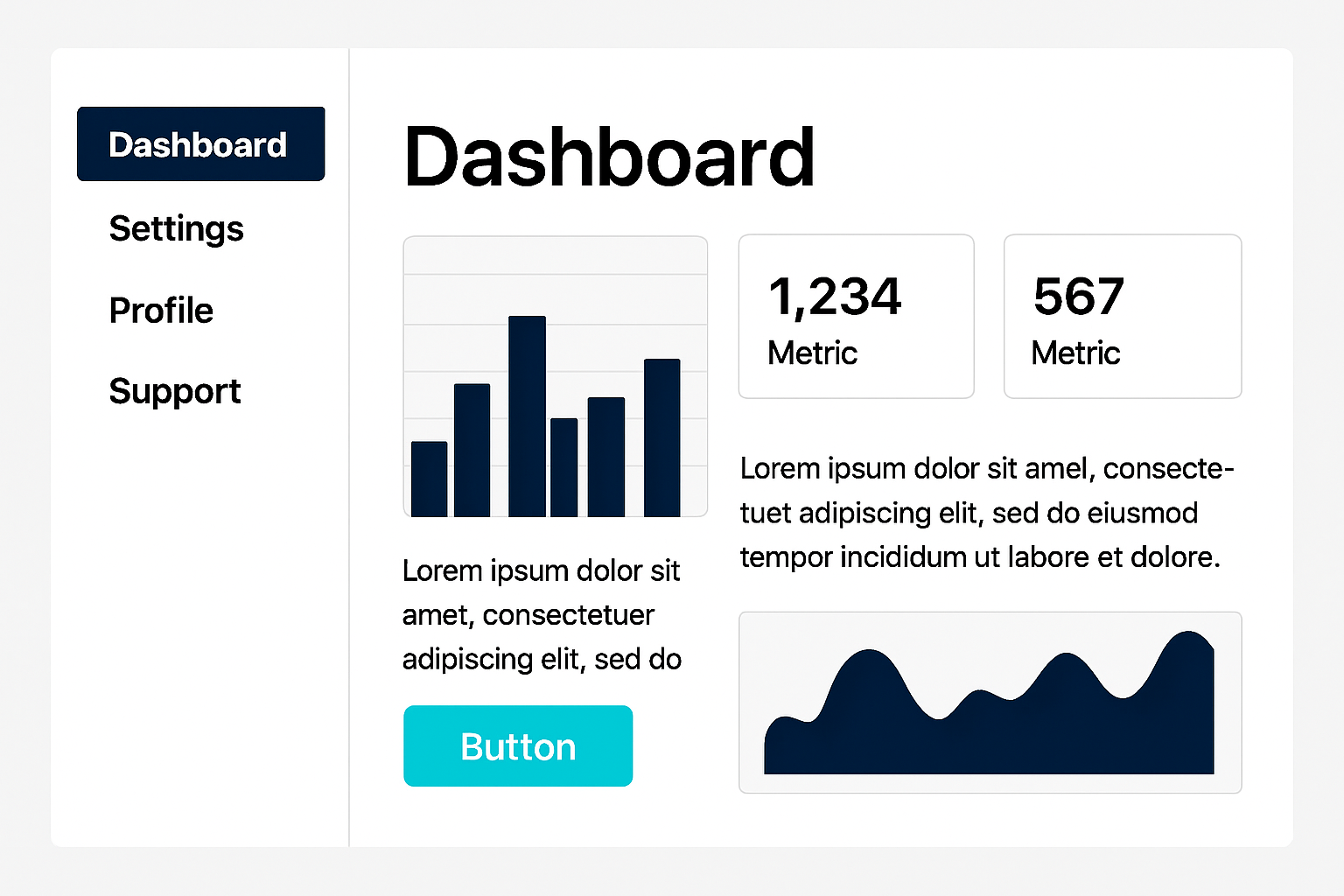 Contemporary web design mockup with a dashboard interface, high-contrast black text, cyan call-to-action, and navy blue highlights. No branding.