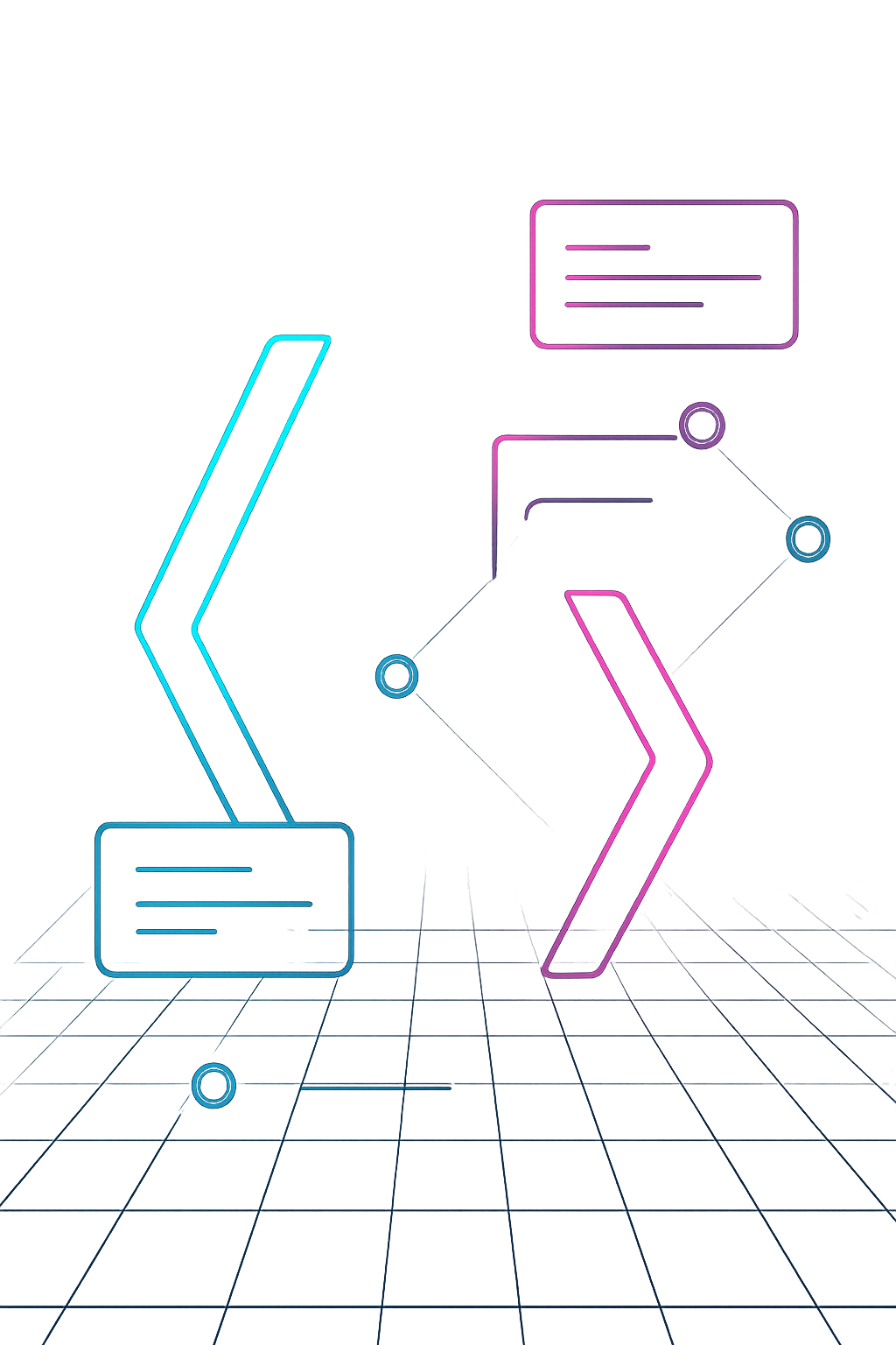 Abstract glowing wireframe of code brackets and UI components floating over a dark grid with cyan and fuchsia light
