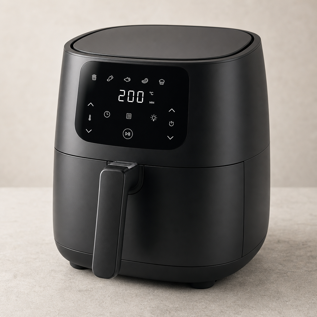 Matte black multi-function air fryer with digital panel and wide basket