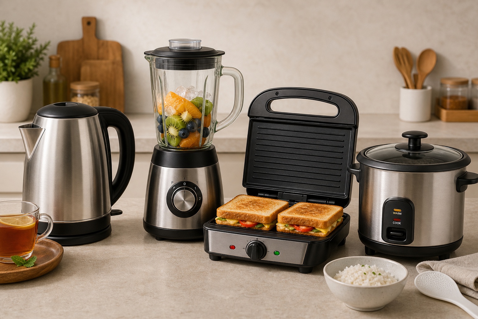 Compact kitchen appliances including a blender, kettle, sandwich press, and mini cooker on a clean counter