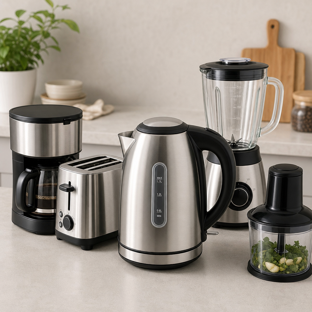 Electric kettle and compact countertop appliances in stainless steel