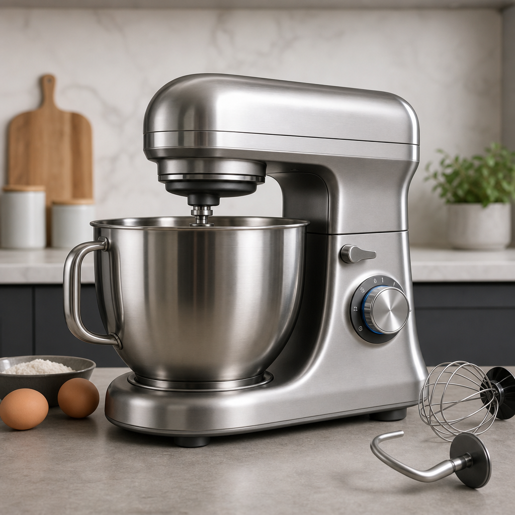 Professional stand mixer in brushed metal finish on a counter