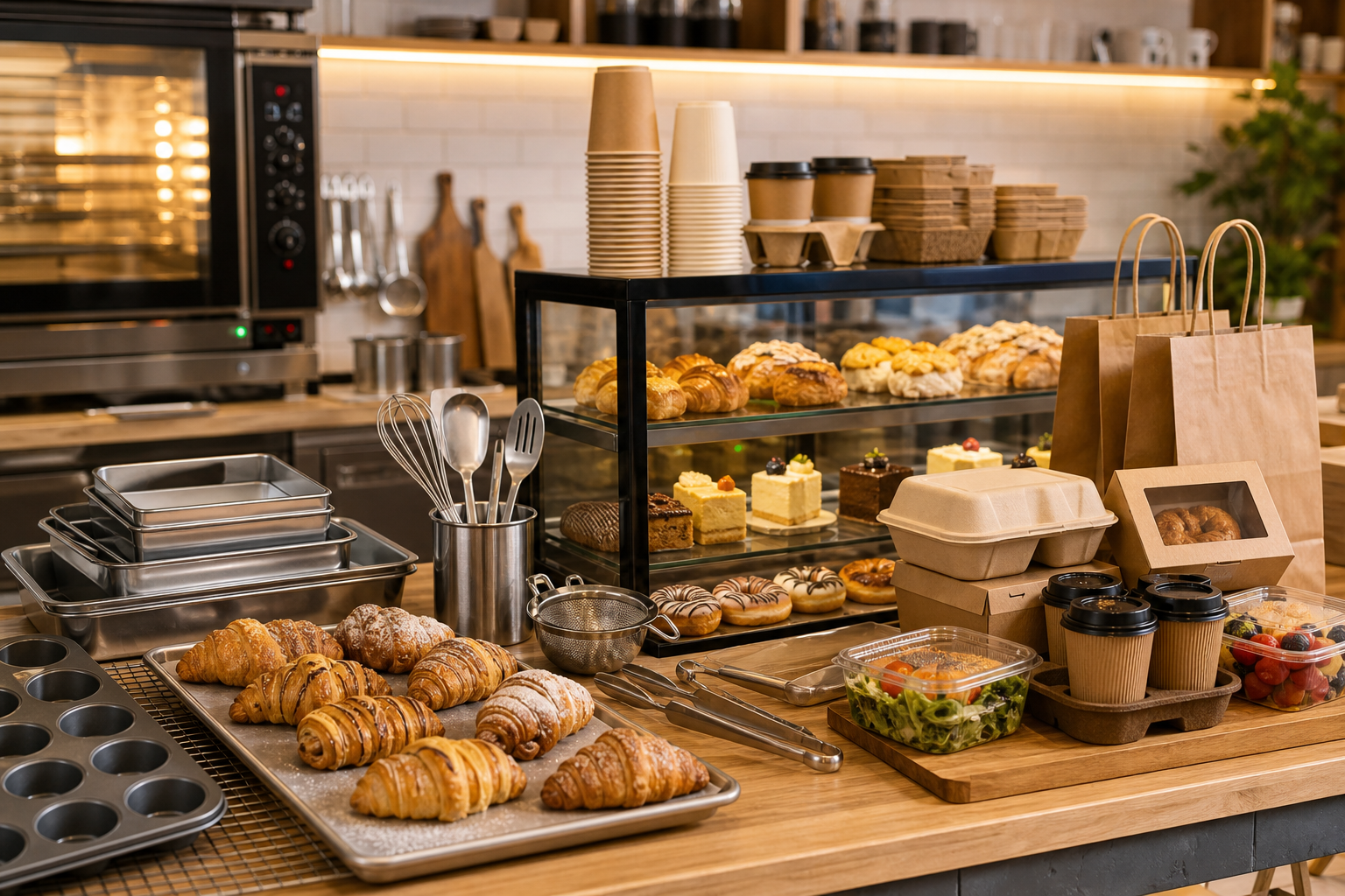 Warm cafe bakery counter with baking trays, pastry tools, and take-away servingware arranged for fast food service
