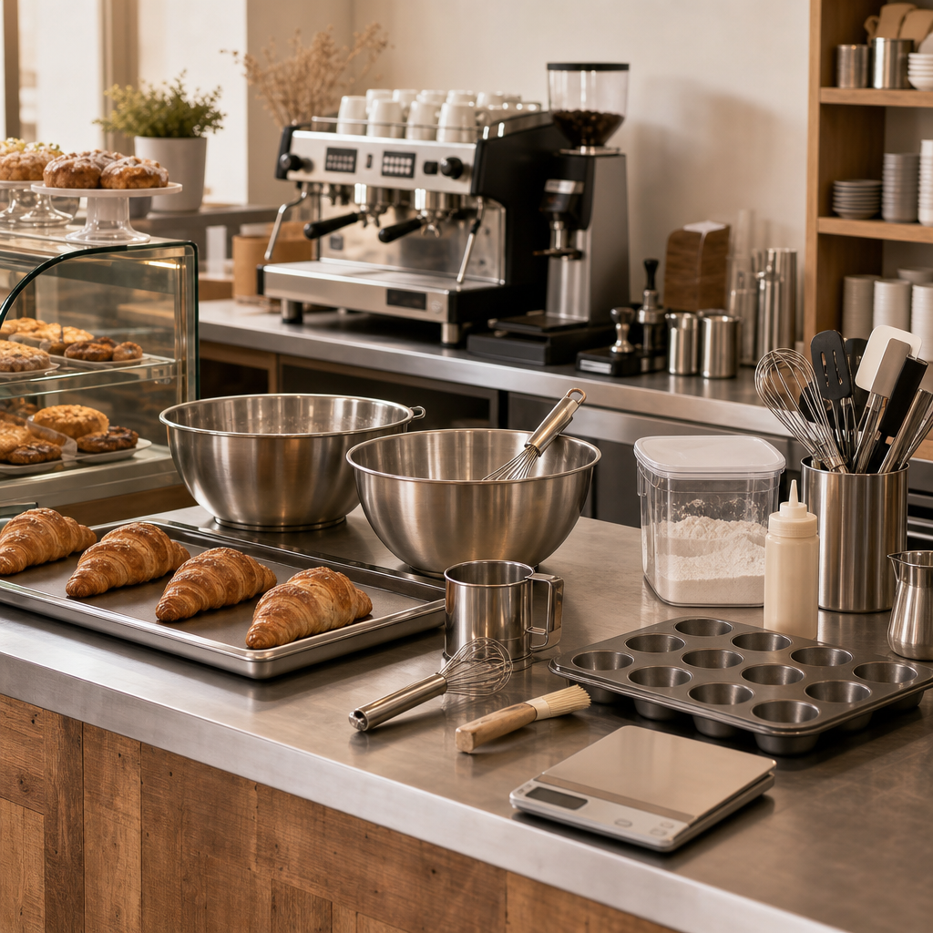 Cafe bakery prep counter with baking trays, mixing bowls, pastry tools, and espresso accessories