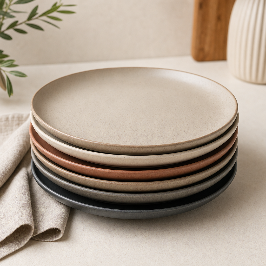 stack of matte ceramic dinner plates in warm neutral tones