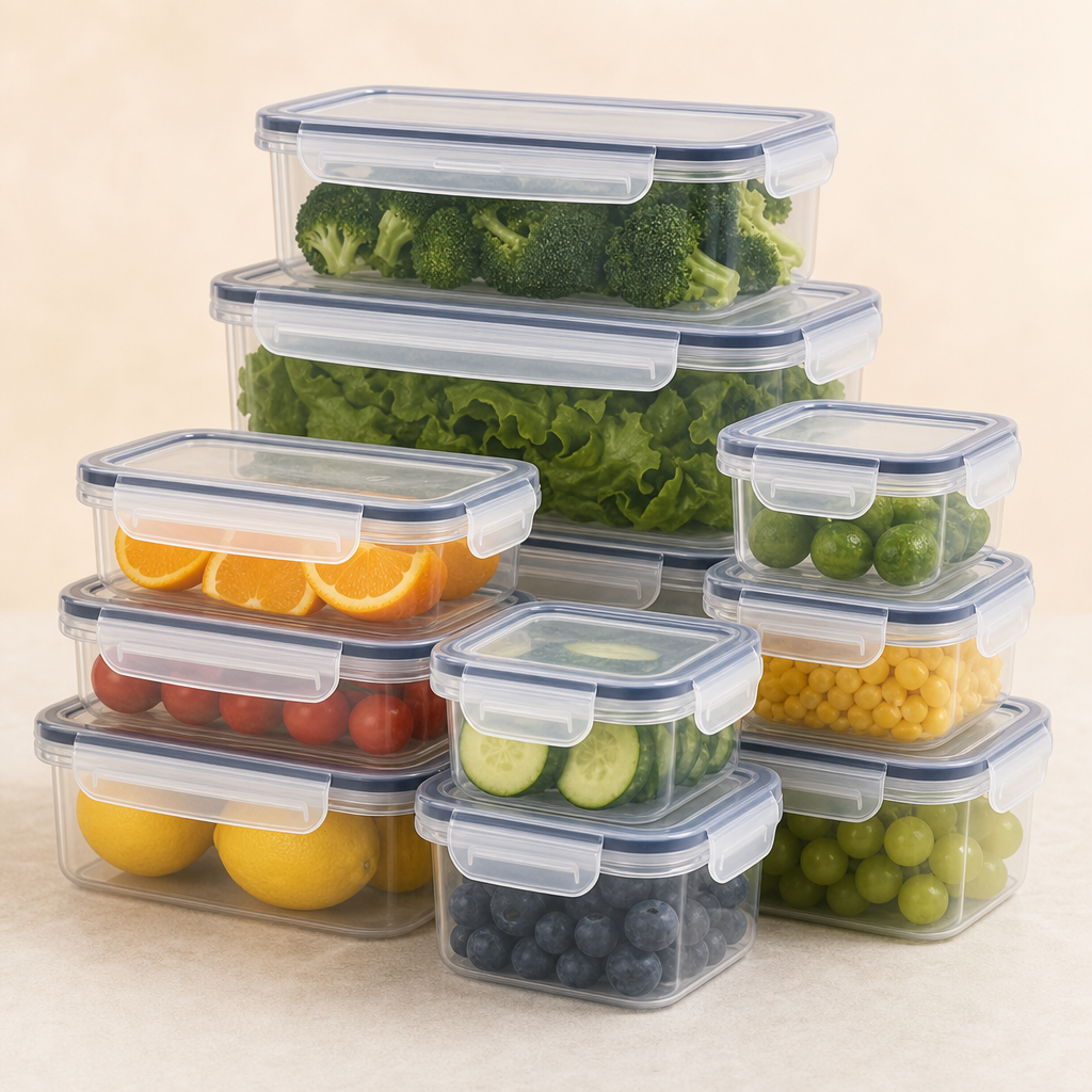 Stack of clear airtight food storage containers with clip-lock lids