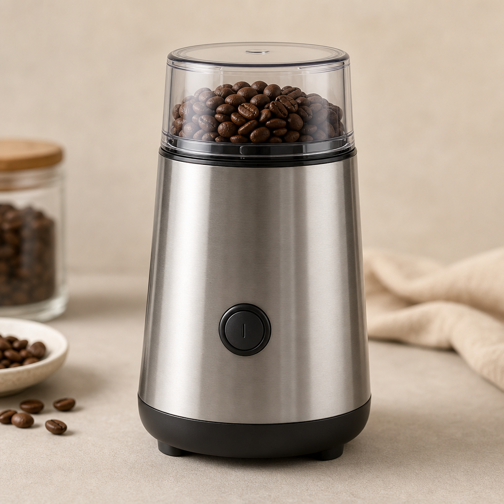 Compact electric coffee grinder in brushed steel with clear bean lid