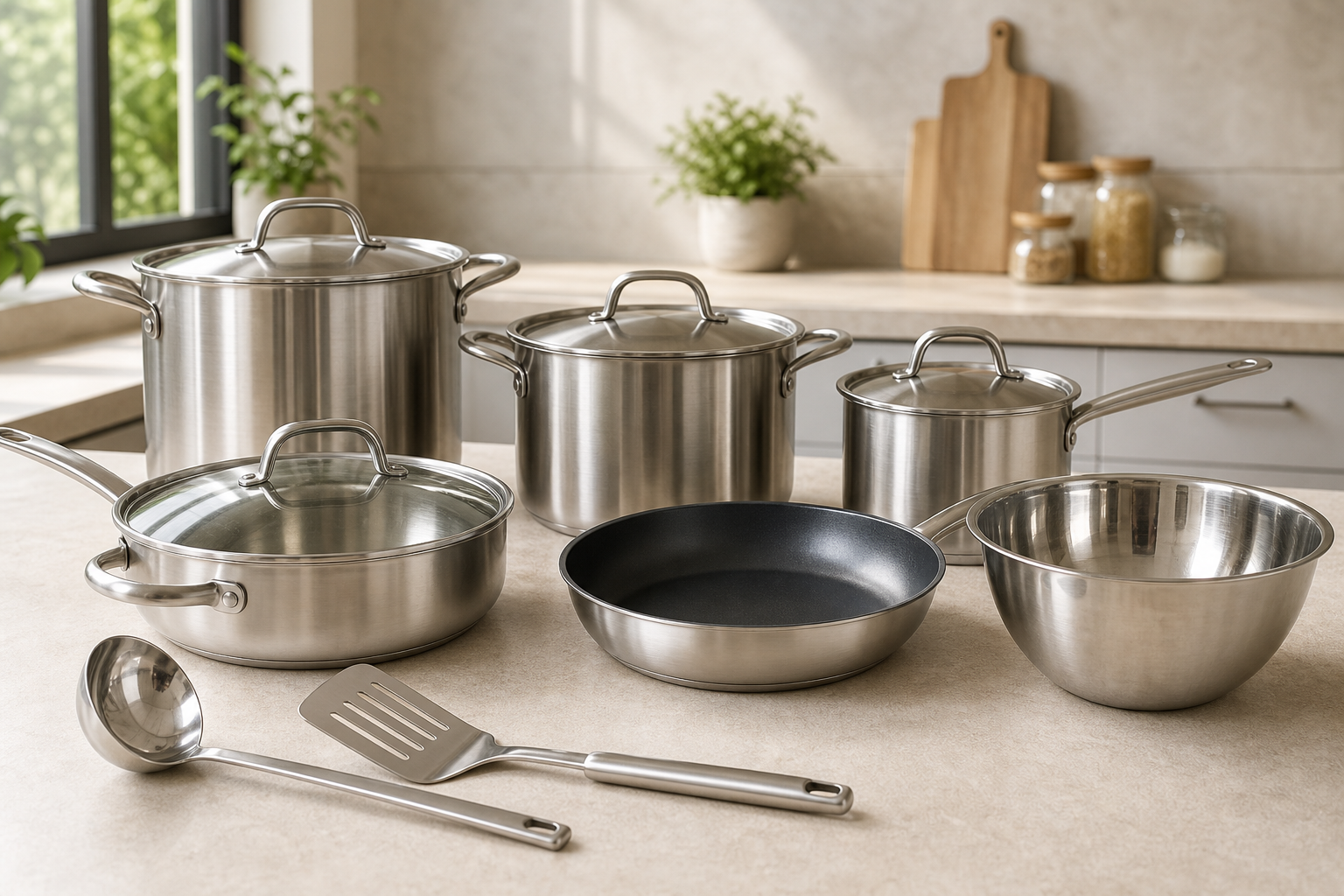 Stainless steel pots, frying pans, ladles, and spatulas arranged on a neutral countertop