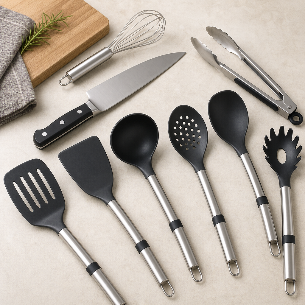 Professional kitchen utensil set with chef knife, spatulas, and ladles