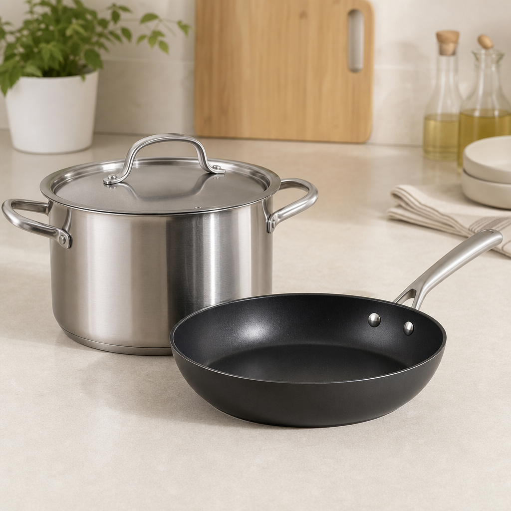 stainless steel pot and non-stick frying pan set on a neutral countertop