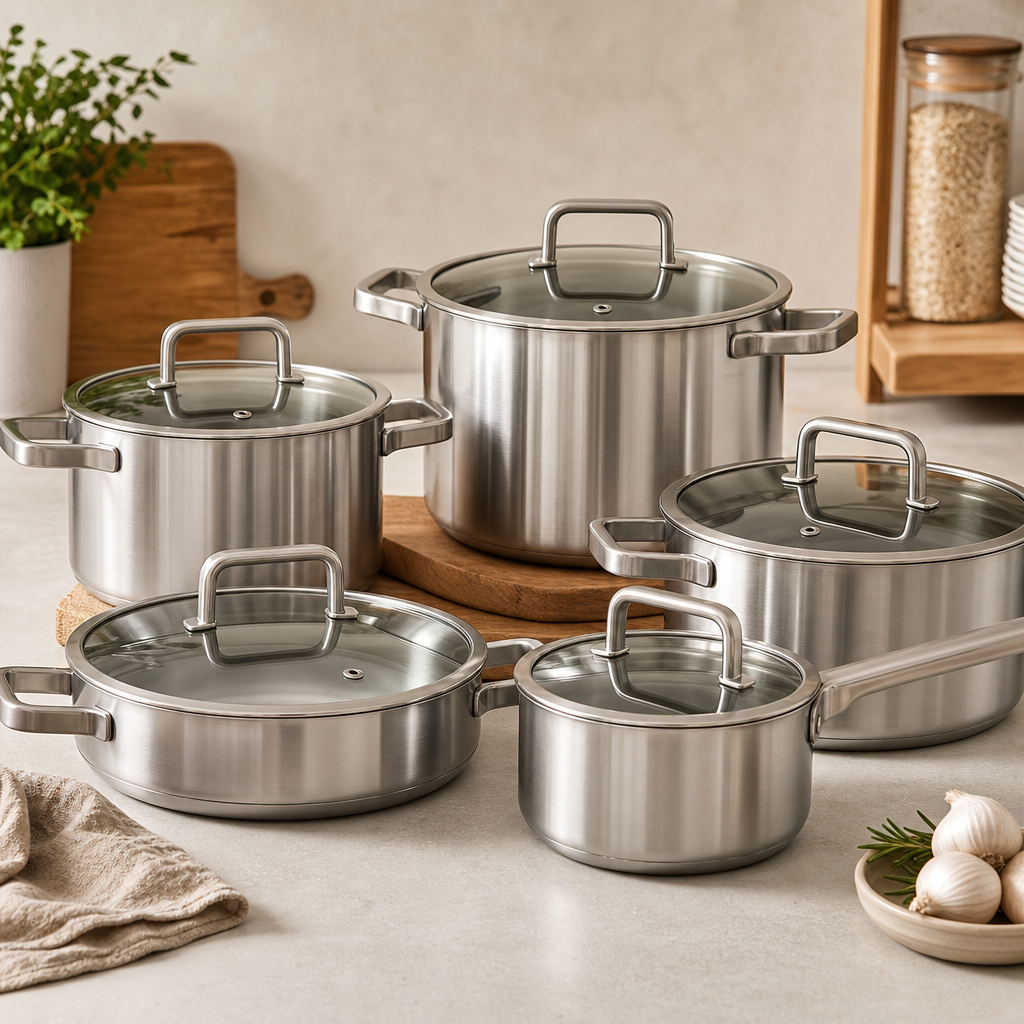 Stainless steel cookware set with brushed finish and glass lids