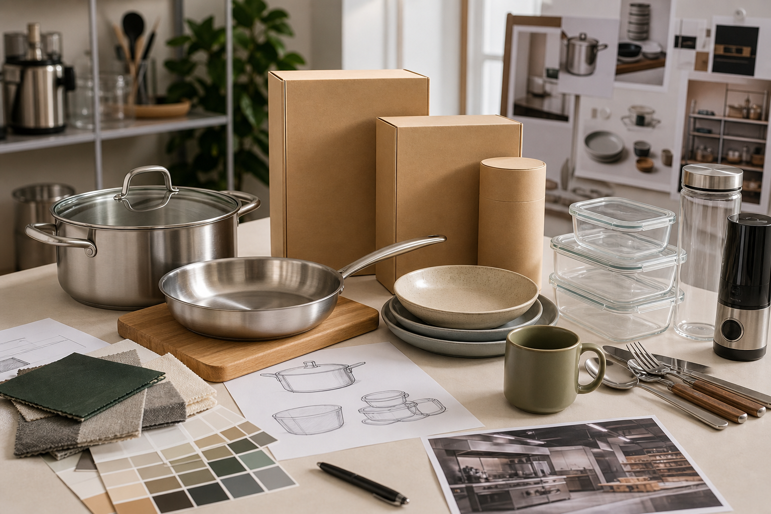 Workspace with branded kitchenware samples, packaging mockups, and material swatches on a clean desk