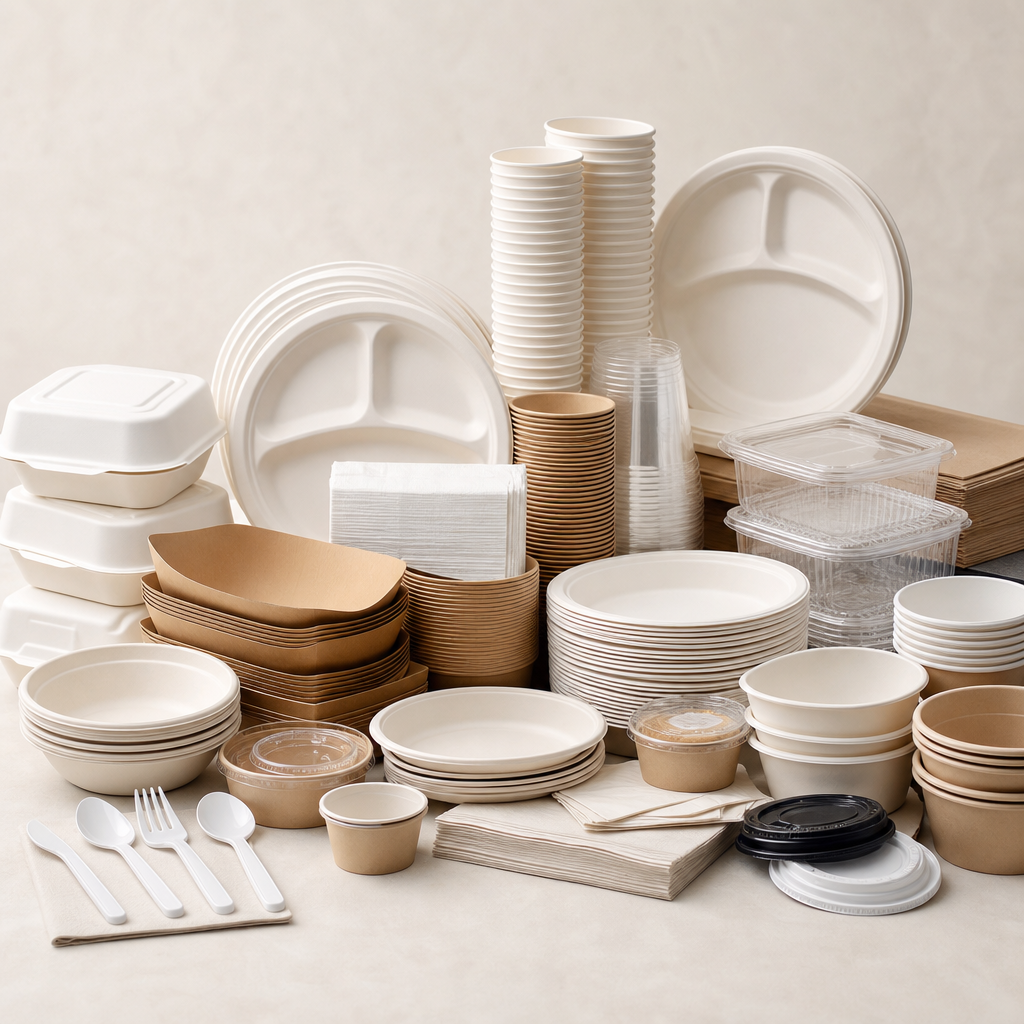 stacked disposable plates, bowls, and cups for catering