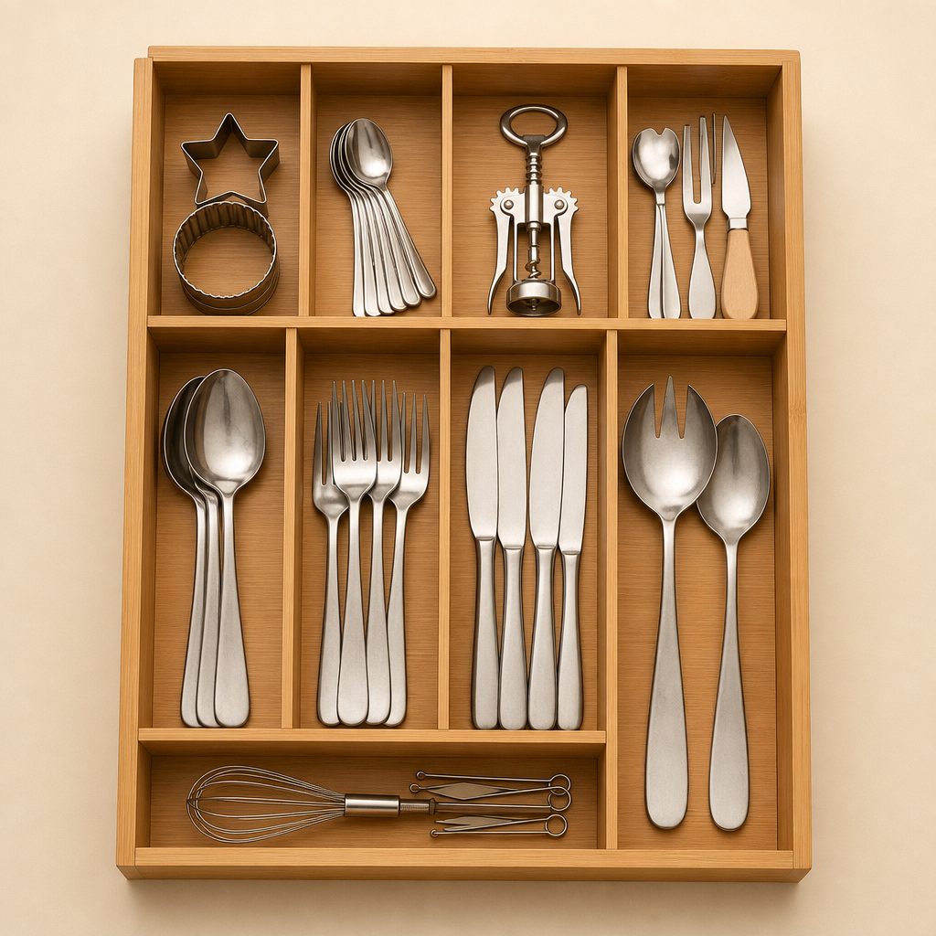 Bamboo drawer cutlery organizer tray with compartments