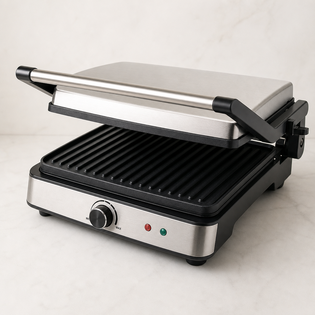 Electric kitchen grill with ribbed non-stick plates and stainless lid