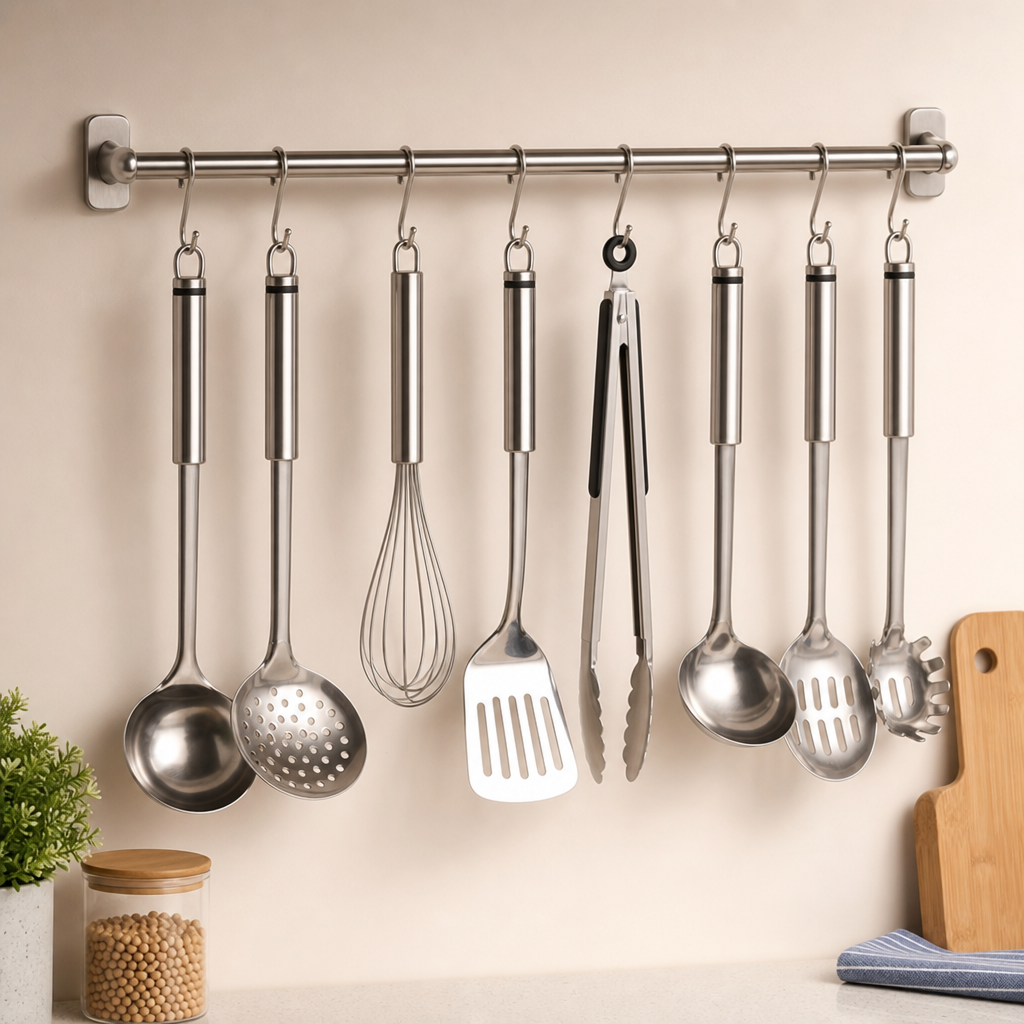 Hanging kitchen utensil rack with hooks and utensils