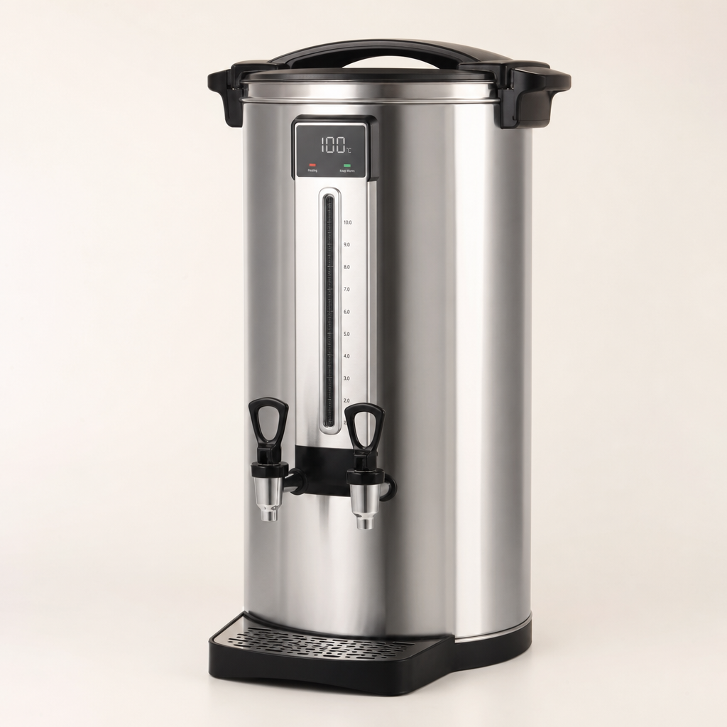 Stainless steel commercial hot water dispenser with dual spouts and temperature display