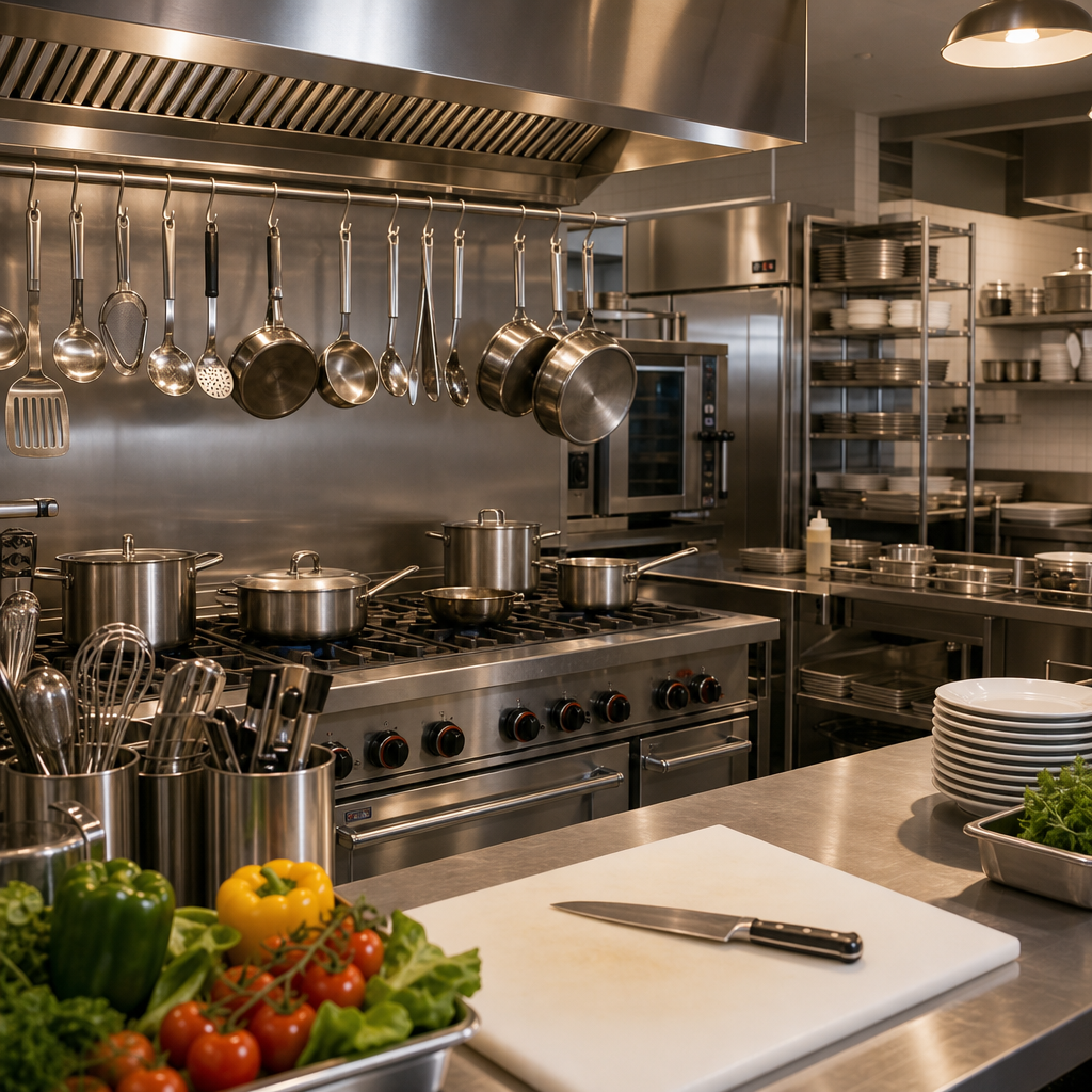 Professional hotel restaurant kitchen with stainless steel pots, pans, ladles, and prep stations ready for service
