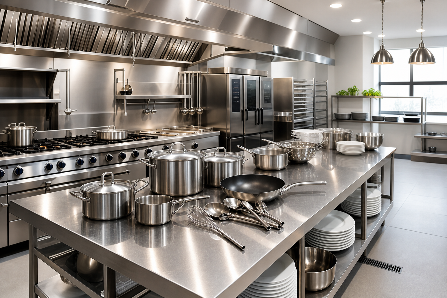 Contemporary hotel kitchen renovation with stainless steel worktops, large stockpots, and professional cookware on display