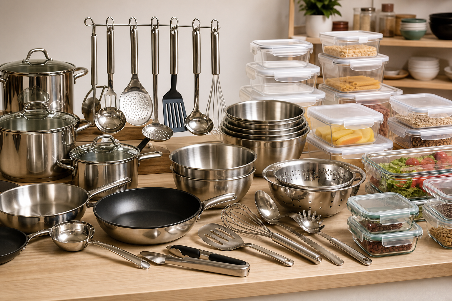 Wide assortment of stainless steel cookware, utensils, and storage containers arranged on a showroom counter