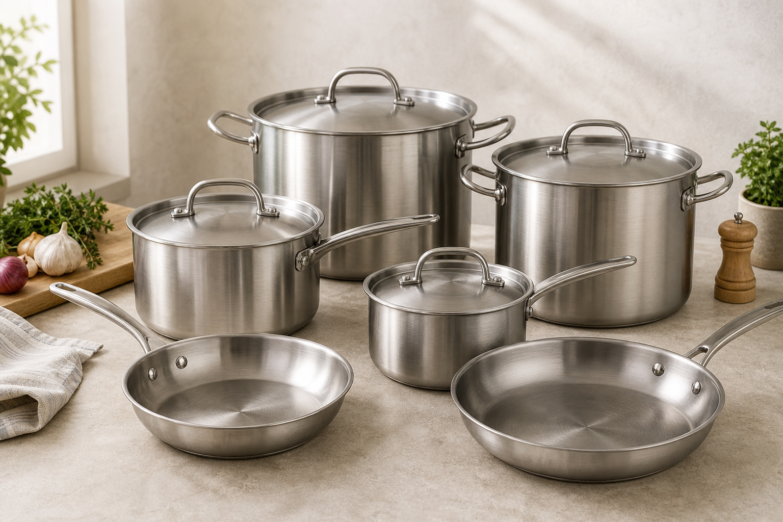 Assortment of stainless steel stock pots, saucepans, and frying pans arranged on a neutral countertop