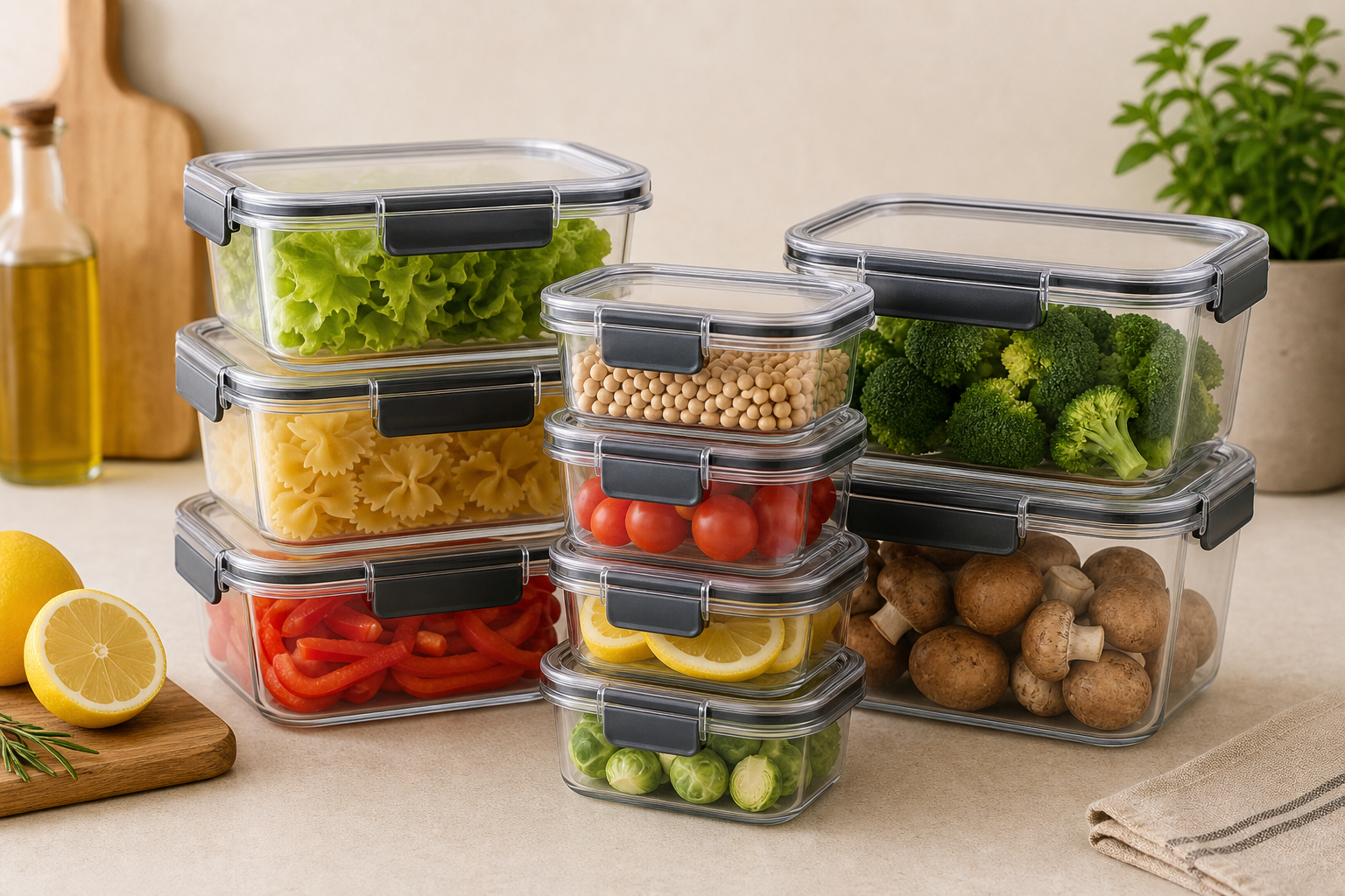 Stack of clear food storage containers with airtight lids and fresh ingredients nearby