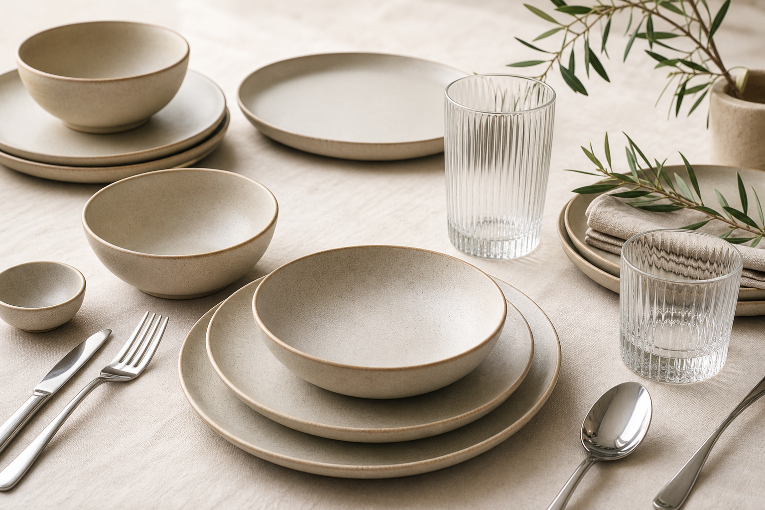 Neutral-toned ceramic plates, glass tumblers, and stainless cutlery set on a light linen surface