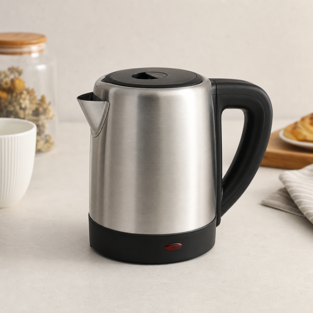 Compact stainless steel mini electric kettle with matte brushed finish and black heat-safe handle