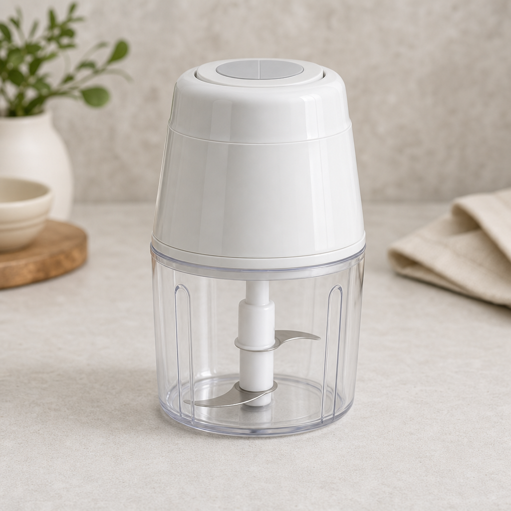 Mini food processor with transparent bowl and white motor lid