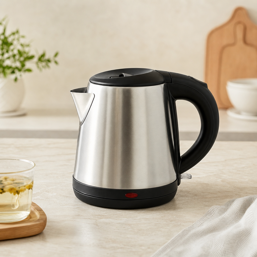 compact stainless steel electric kettle on a countertop