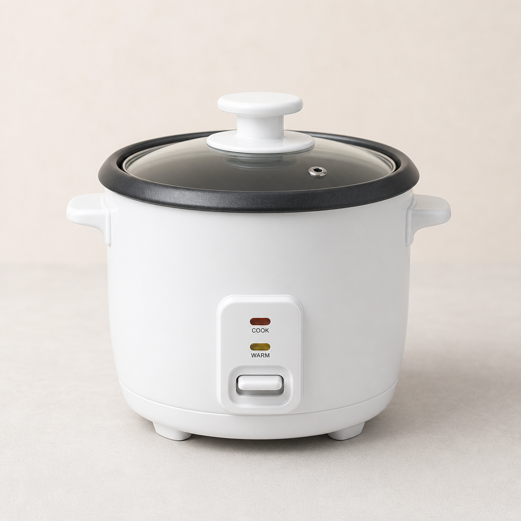 Small white mini rice cooker with glass lid and compact base
